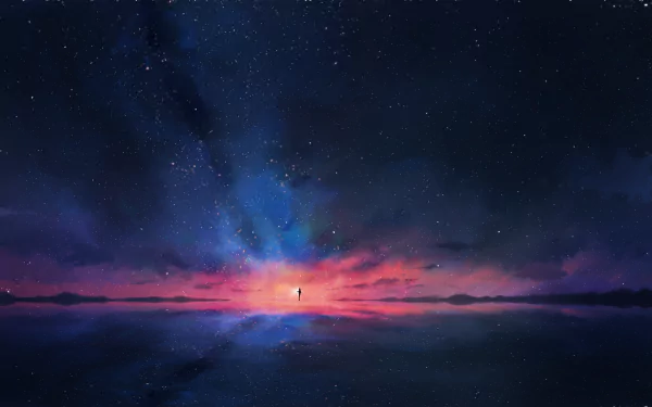 HD anime-style wallpaper featuring a figure standing under a starry sky with colorful sunset reflections on water.