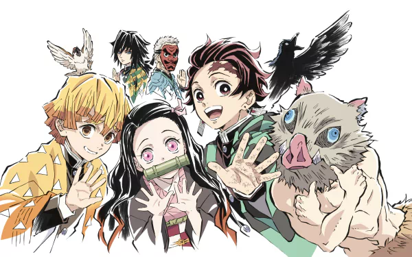 HD desktop wallpaper featuring characters Sakonji Urokodaki, Giyuu Tomioka, Nezuko Kamado, Zenitsu Agatsuma, Tanjiro Kamado, and Inosuke Hashibira from the anime Demon Slayer: Kimetsu no Yaiba.