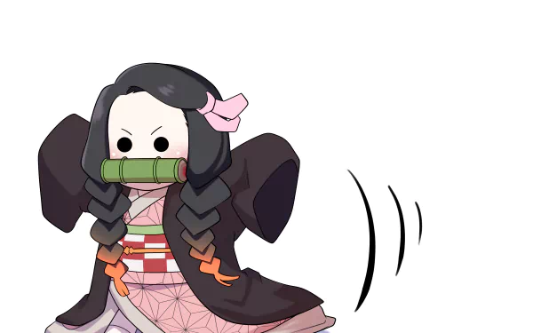 Chibi-style Nezuko Kamado from Demon Slayer: Kimetsu no Yaiba in a HD desktop wallpaper background.