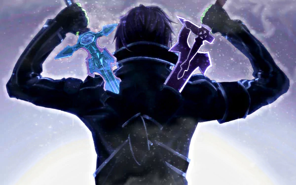 HD desktop wallpaper from Sword Art Online featuring Kirito holding the Blue Rose and Night Sky Swords, set against a mystical purple-toned backdrop.