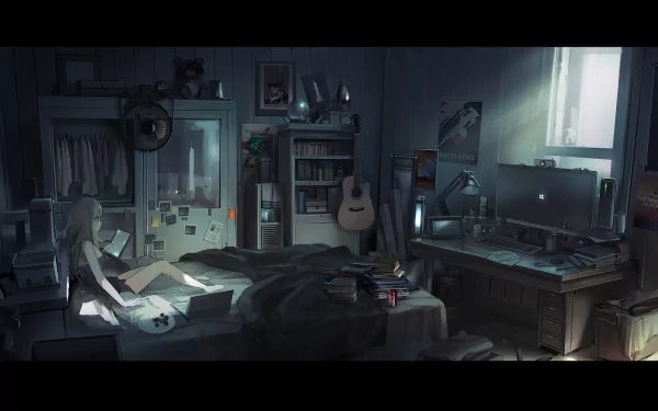 HD desktop wallpaper of an anime room, featuring a figure reading on a bed, a messy desk with books and a computer, and various decor items like a guitar, posters, and a wardrobe in a softly lit, cozy space.