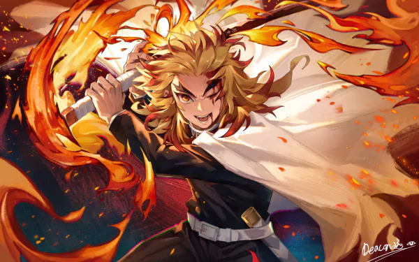 Kyojuro Rengoku from Demon Slayer: Kimetsu no Yaiba in vibrant anime style, surrounded by fiery flames, rendered as a 4K Ultra HD PC desktop wallpaper.