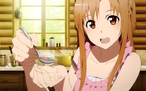 Asuna Yuuki from Sword Art Online smiles playfully while holding a spoon of food, set in a cozy kitchen with sunlight streaming through a window. An engaging HD desktop wallpaper and background.