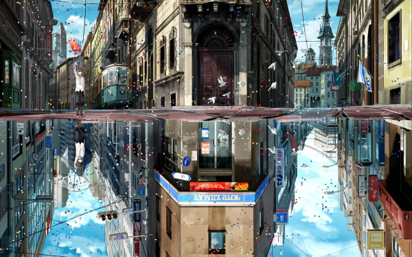 HD anime cityscape wallpaper featuring buildings and their reflection.