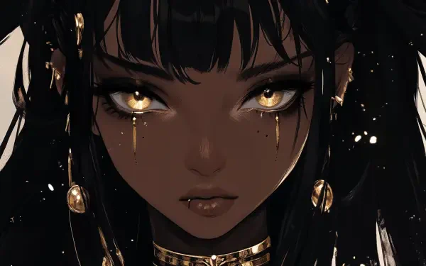 A striking 4K Ultra HD wallpaper featuring a black anime girl with captivating golden eyes and intricate jewelry, showcasing a blend of beauty and strength.
