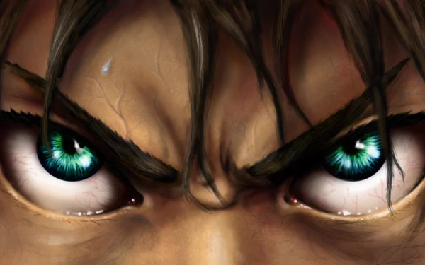 HD close-up wallpaper of Eren Yeager from Attack on Titan, showing his intense green eyes and angry expression.