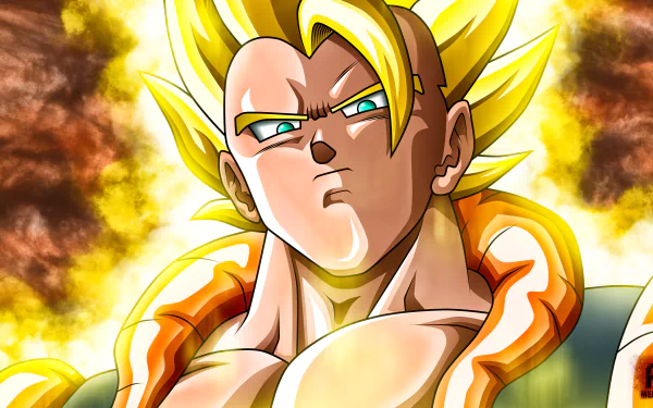 HD desktop wallpaper featuring a character from Dragon Ball Z in a powerful stance with a fiery aura background.