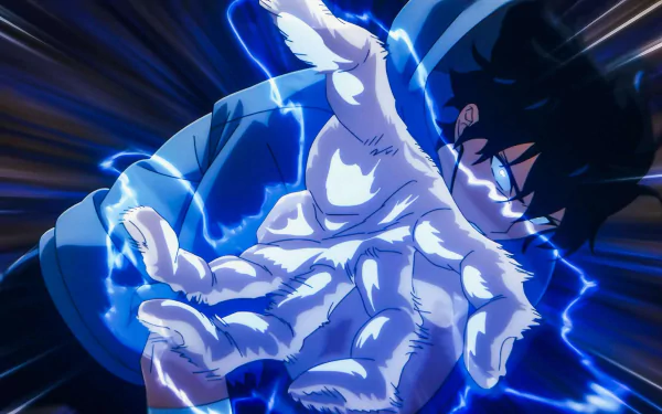 Anime wallpaper featuring Sung Jin-Woo from Solo Leveling in dynamic action pose with electrifying blue energy, rendered in 4K Ultra HD for PC desktop background.