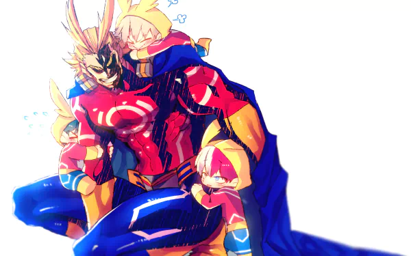 HD desktop wallpaper featuring All Might (Toshinori Yagi) with Katsuki Bakugou, Izuku Midoriya, and Shoto Todoroki from My Hero Academia anime, showcasing a colorful and dynamic scene.