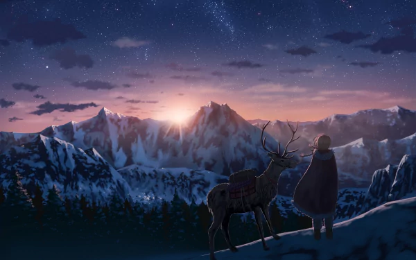Anime-style HD wallpaper depicting a serene winter landscape at sunset with a person and a deer gazing at snowy mountains, blending elements of nature and tranquility.