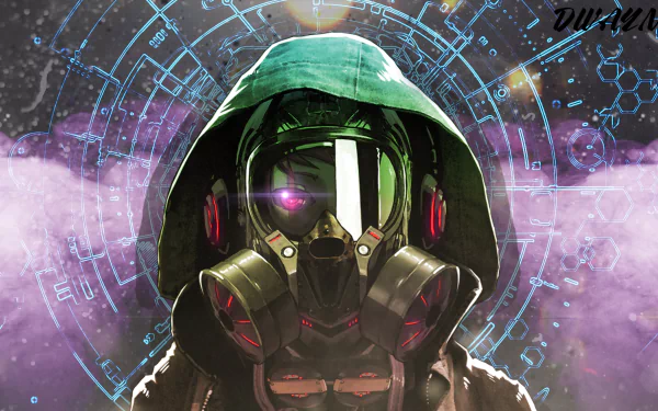 HD desktop wallpaper featuring an anime-style character in a sci-fi setting wearing a gas mask, surrounded by futuristic digital graphics.