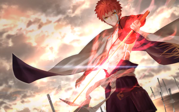 HD desktop wallpaper featuring Shirou Emiya from the anime Fate/Grand Order. Shirou wields a glowing sword against a dramatic sunset background, creating an intense and heroic atmosphere.