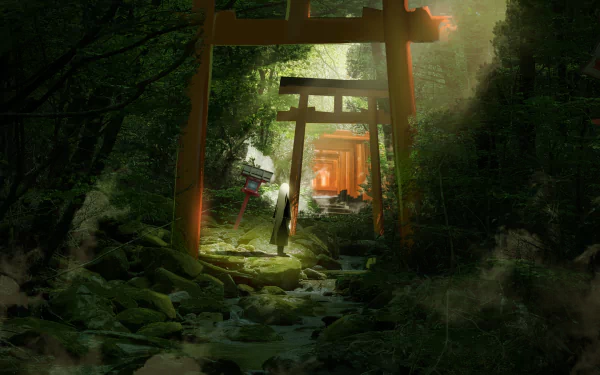 An HD anime desktop wallpaper depicting a serene path through a forest with torii gates and a shrine, featuring a character with white hair standing among trees.