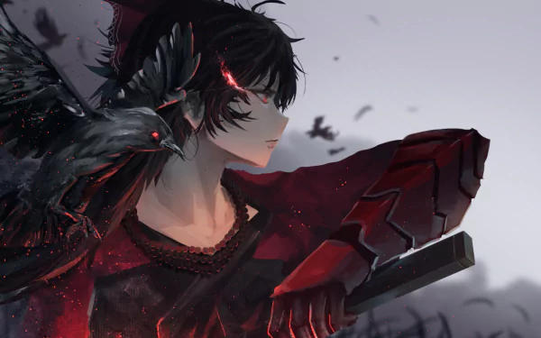 HD anime desktop wallpaper featuring Raven Branwen from RWBY, with a dark raven perched on her shoulder, set against a misty background.