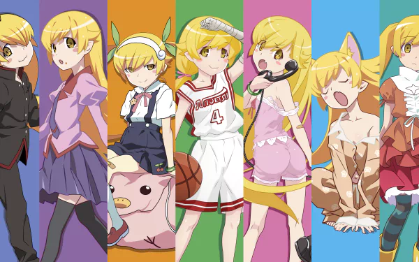 An HD wallpaper featuring characters with blonde hair and yellow eyes from the Monogatari Series, including Nadeko Sengoku, Yotsugi Ononoki, Suruga Kanbaru, Tsubasa Hanekawa, and more.