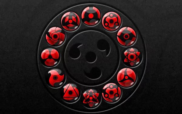 HD desktop wallpaper featuring Mangekyō Sharingan and Sharingan designs from the Naruto anime. A circle of unique Sharingan forms is displayed against a dark background.