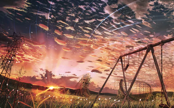 HD Anime desktop wallpaper featuring a stunning sunset under a dramatic cloud-filled sky with scenic elements, such as a field and swingset, creating a serene and mesmerizing background.