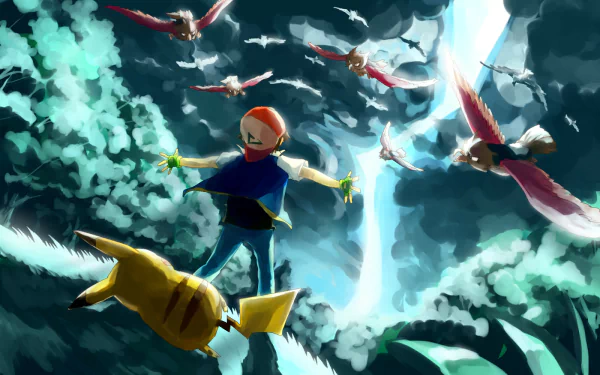 Ash Ketchum and Pikachu stand determined, surrounded by a flock of Spearow in this vibrant HD anime wallpaper from Pokémon. Forest scenery and dramatic lighting enhance the adventurous atmosphere.
