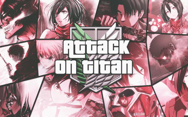 HD desktop wallpaper featuring characters Armin Arlert, Levi Ackerman, Mikasa Ackerman, and Eren Yeager from the anime Attack on Titan. The central text reads Attack on Titan.