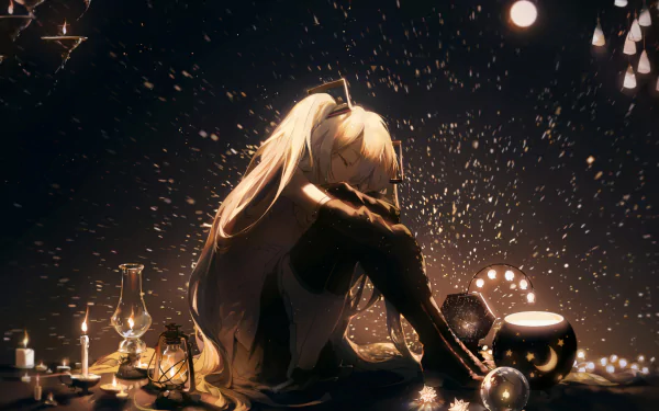 HD desktop wallpaper of Hatsune Miku from Vocaloid in a dark, mysterious setting with a mix of light and dark elements, creating a captivating and magical atmosphere.