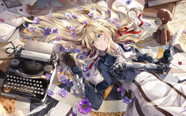HD wallpaper of Violet Evergarden from the anime Violet Evergarden, featuring her with blonde hair, blue eyes, and long hair, lying down amidst flowers, books, and a typewriter.