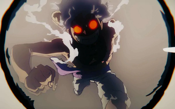 Anime-style 4K Ultra HD wallpaper featuring Monkey D. Luffy from One Piece in his Gear 5 form with glowing red eyes and dynamic lighting effects.