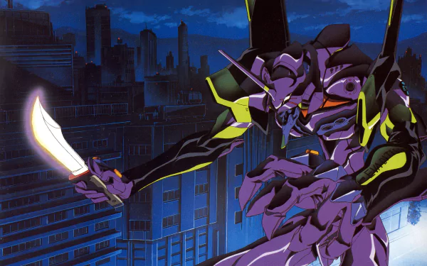 Evangelion Unit-01 wields a knife against a cityscape backdrop in this vibrant HD wallpaper, capturing the essence of Neon Genesis Evangelion's striking anime aesthetic.