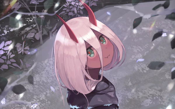 HD desktop wallpaper featuring Zero Two from the anime Darling in the FranXX, showcasing her with pink hair and red horns against a serene, nature-inspired background.