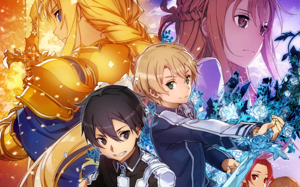 HD desktop wallpaper featuring Sword Art Online: Alicization characters including Kirito, Eugeo, Asuna Yuuki, Alice Zuberg, Ronye Arabel, and Tiese Shtolienen, with vivid colors and detailed artwork.