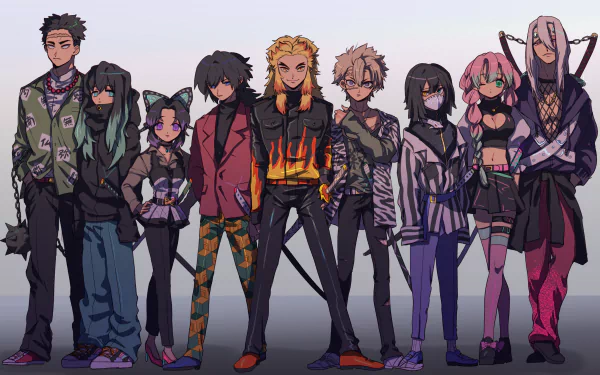 4K Ultra HD desktop wallpaper featuring Giyuu Tomioka, Tengen Uzui, Muichiro Tokito, Sanemi Shinazugawa, Kyojuro Rengoku, Shinobu Kochou, Mitsuri Kanroji, Obanai Iguro, and Gyomei Himejima from Demon Slayer: Kimetsu no Yaiba.