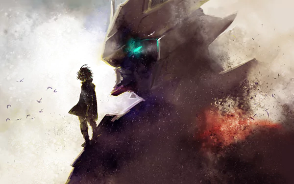 HD desktop wallpaper featuring Mikazuki Augus and ASW-G-08 Gundam Barbatos from Anime “Mobile Suit Gundam: Iron-Blooded Orphans.” Mikazuki stands heroically against a dramatic, smoky background.