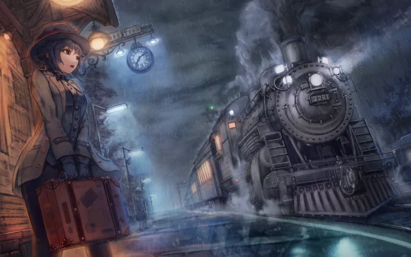 Anime-style HD desktop wallpaper of a train station under the rain. A clock hangs from the station, while a person in a coat and hat waits with a suitcase as a steam train arrives.