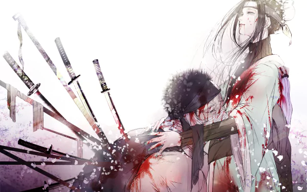 HD desktop wallpaper featuring Haku and Zabuza Momochi from Naruto. The Anime scene shows a poignant moment with a dramatically illustrated background and cherry blossom petals.