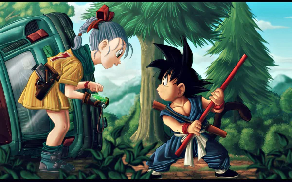 HD desktop wallpaper of Dragon Ball depicting Goku and Bulma in an animated forest setting. Goku is holding a red staff while Bulma appears inquisitive, with a background of lush greenery and trees.