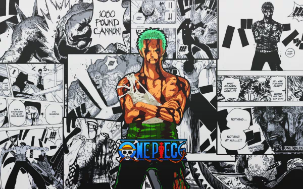 A vibrant HD wallpaper featuring Roronoa Zoro from the anime One Piece, surrounded by dynamic comic book panels that highlight key moments from the series.