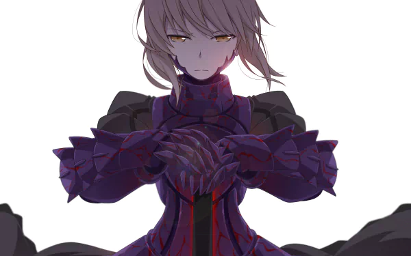 Saber Alter from the Fate series, depicted in dark armor with striking yellow eyes. This HD wallpaper captures her fierce presence, embodying the essence of Fate/Grand Order.