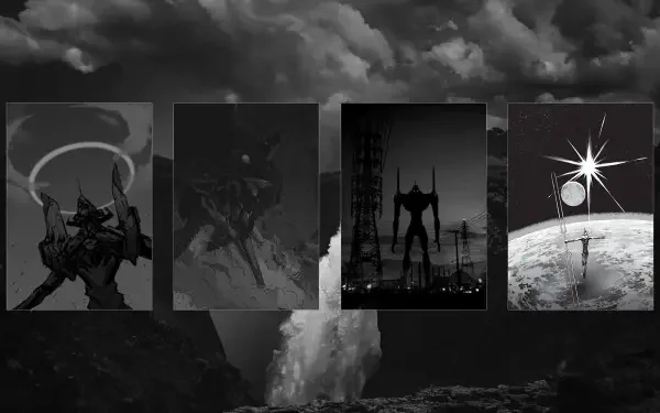 4K Ultra HD PC wallpaper: Neon Genesis Evangelion dark anime/manga montage—four panels of Evangelion Unit‑01 silhouettes over stormy clouds, moon and industrial skyline.