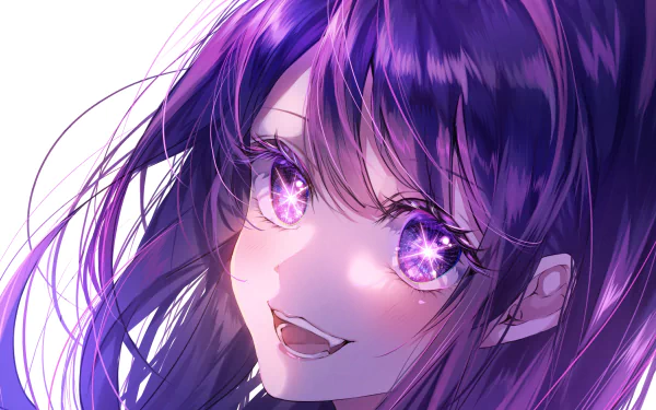 HD desktop wallpaper and background featuring Ai Hoshino from the anime Oshi no Ko. The image showcases Ai's captivating purple eyes and flowing hair, highlighted with beautiful light and shadow.