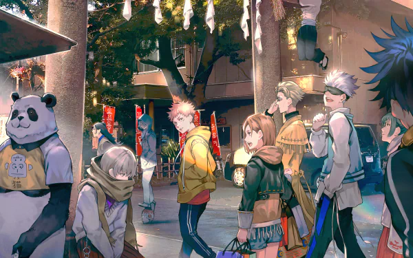 HD desktop wallpaper featuring characters from the anime Jujutsu Kaisen, set in a vibrant street scene with colorful lights and banners.