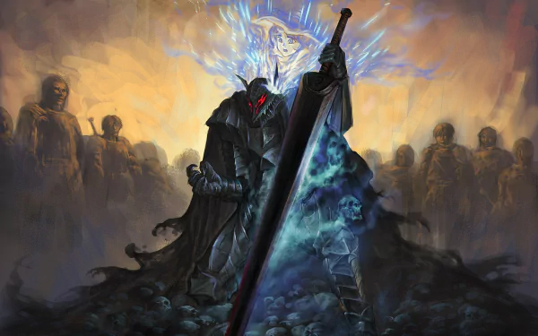 HD desktop wallpaper featuring Guts from Berserk anime, standing amidst a haunting scene with a massive sword, surrounded by ominous figures and energy.