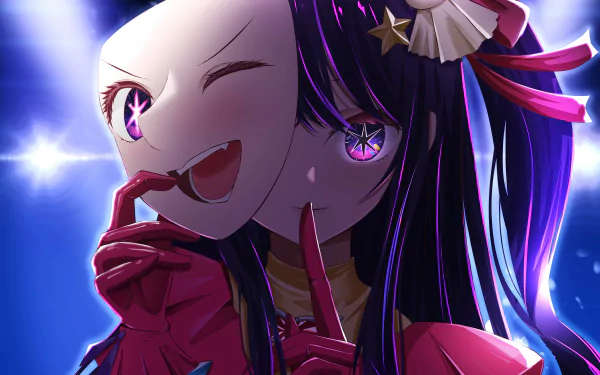 HD desktop wallpaper featuring Ai Hoshino from the anime Oshi no Ko. The vibrant image shows Ai with purple hair, colorful attire, and a mask, set against a dynamic blue-lit background.