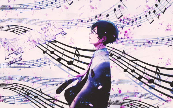 HD desktop wallpaper featuring Kousei Arima from the anime Your Lie in April, surrounded by flowing musical notes and a pastel background.