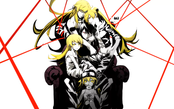 HD desktop wallpaper featuring characters Kiss-shot Acerola-orion Heart-under-blade, Shinobu Oshino, and Koyomi Araragi from the Monogatari series, with black hair and intricate red lines in the background.