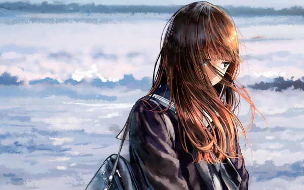 HD desktop wallpaper: anime girl with long brown hair in a school uniform, gazing thoughtfully towards a serene, cloudy horizon.