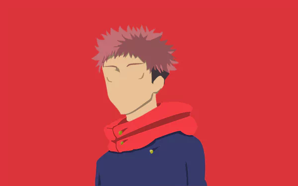 Minimalist 4K Ultra HD anime wallpaper of Yuji Itadori from Jujutsu Kaisen against a solid red background.
