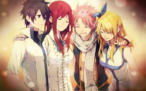 HD wallpaper featuring characters Gray Fullbuster, Erza Scarlet, Natsu Dragneel, and Lucy Heartfilia from the anime Fairy Tail. The image captures them smiling and embracing each other.