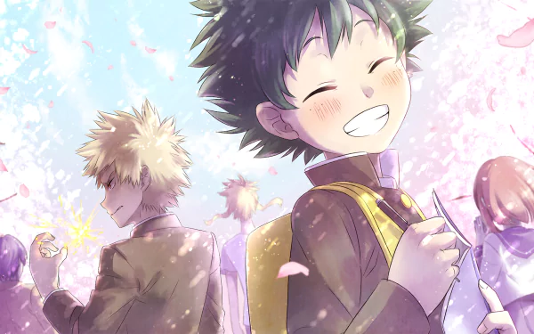 HD desktop wallpaper featuring characters from My Hero Academia, including Izuku Midoriya smiling brightly with his friends Katsuki Bakugou, Tenya Iida, and Ochaco Uraraka, surrounded by cherry blossoms.