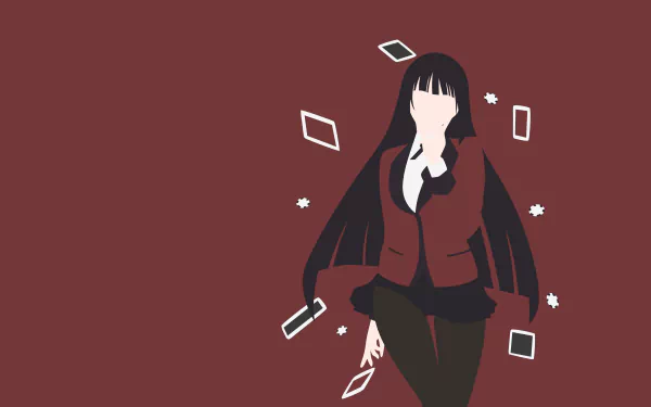 Minimalist HD wallpaper of Yumeko Jabami from the anime Kakegurui, showcasing her in a skirt, pantyhose, and long black hair against a maroon background.