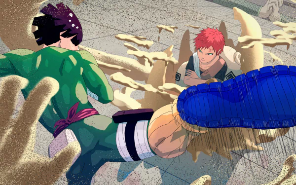 4K Ultra HD anime wallpaper featuring Naruto characters Gaara and Rock Lee in dynamic action poses on a textured ground background.