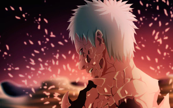 HD desktop wallpaper featuring Obito Uchiha from the anime Naruto, depicted with a disintegrating effect amidst a backdrop of falling pink petals.